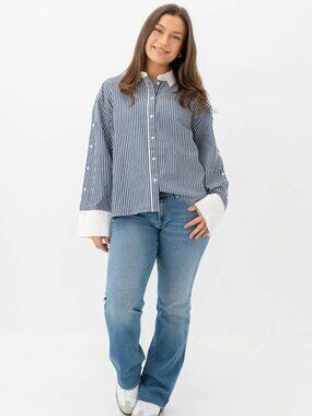 Y.A.S Stria Long Sleeve Blue / White Striped Shirt Sz 10